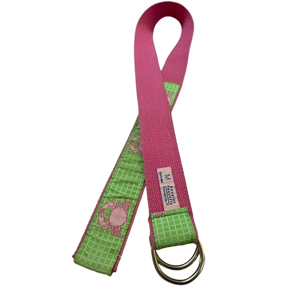 Douglas Paquette Crab D Ring Belt M Green Pink Preppy Coastal Nautical